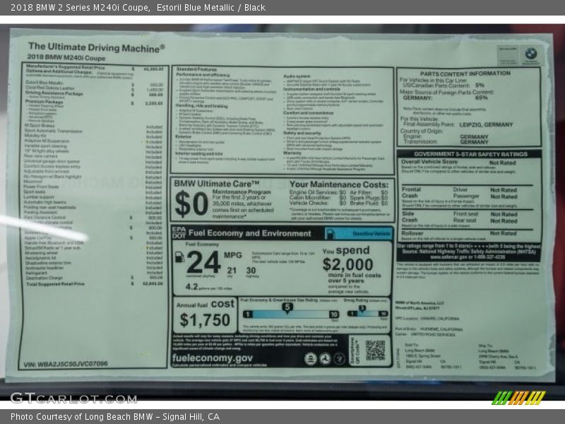 Estoril Blue Metallic / Black 2018 BMW 2 Series M240i Coupe