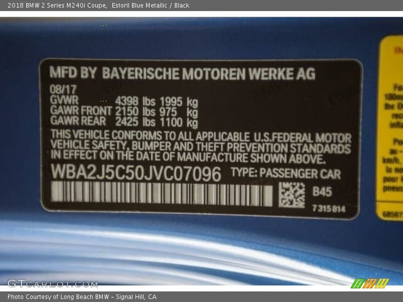 2018 2 Series M240i Coupe Estoril Blue Metallic Color Code B45