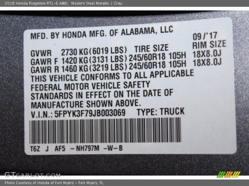 2018 Ridgeline RTL-E AWD Modern Steel Metallic Color Code NH797M