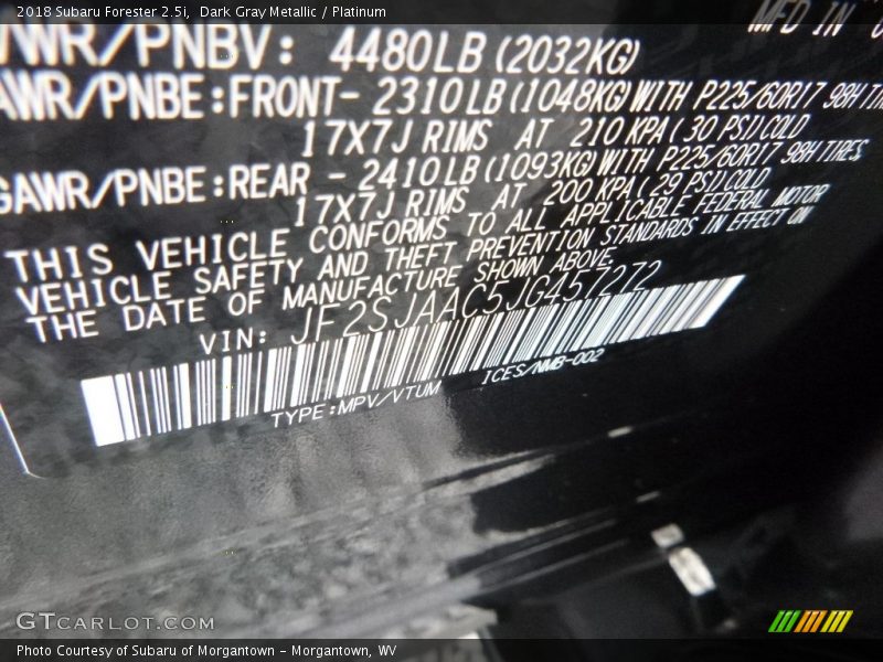 Dark Gray Metallic / Platinum 2018 Subaru Forester 2.5i