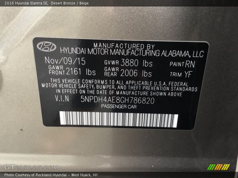 Desert Bronze / Beige 2016 Hyundai Elantra SE