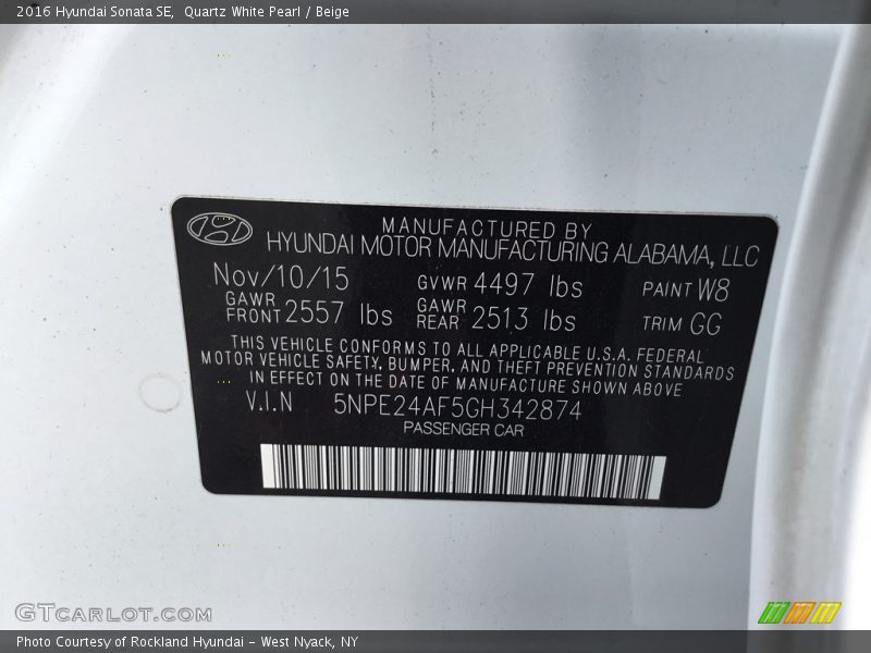 Quartz White Pearl / Beige 2016 Hyundai Sonata SE