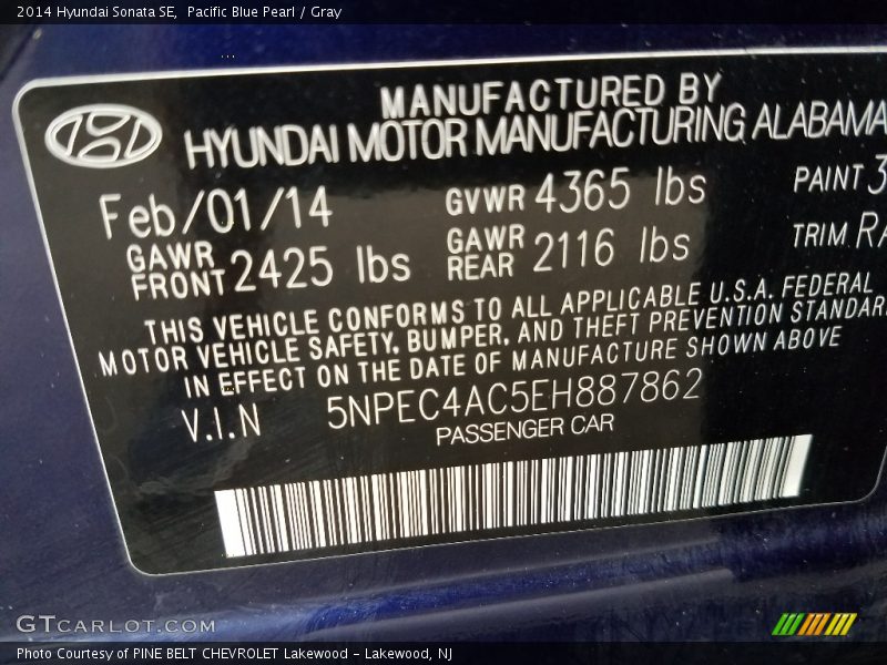 Pacific Blue Pearl / Gray 2014 Hyundai Sonata SE