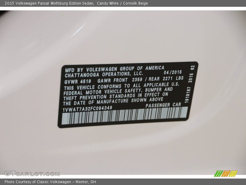 Candy White / Cornsilk Beige 2015 Volkswagen Passat Wolfsburg Edition Sedan