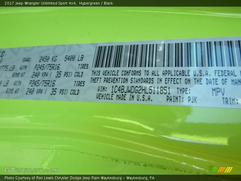 Hypergreen / Black 2017 Jeep Wrangler Unlimited Sport 4x4