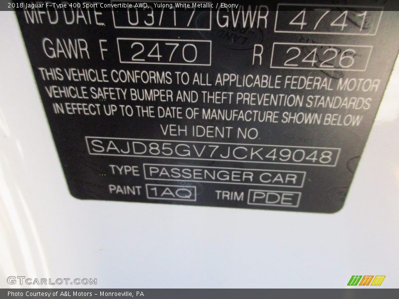 2018 F-Type 400 Sport Convertible AWD Yulong White Metallic Color Code 1AQ