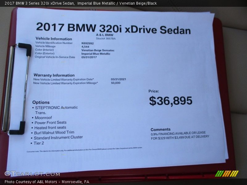 Imperial Blue Metallic / Venetian Beige/Black 2017 BMW 3 Series 320i xDrive Sedan
