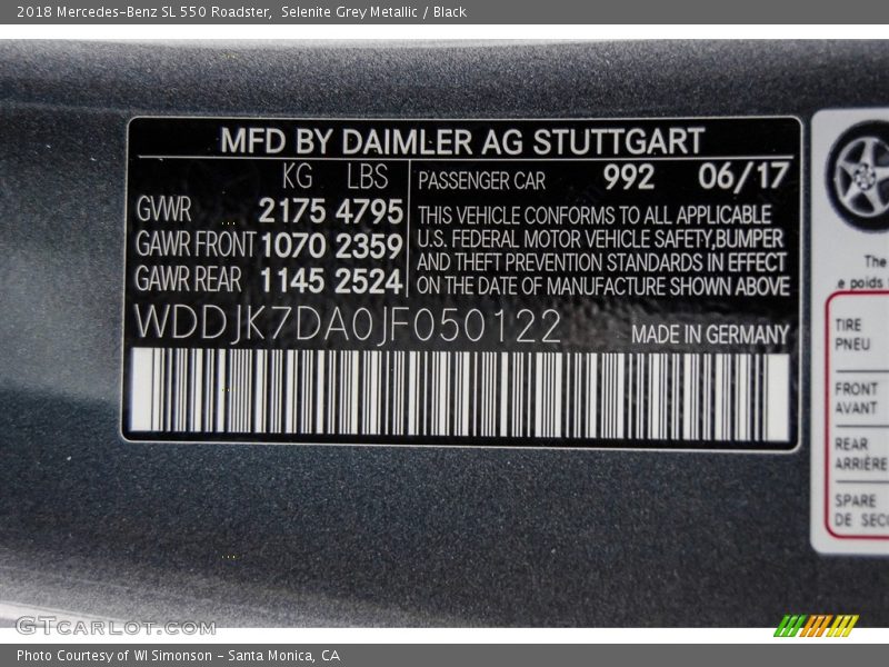 2018 SL 550 Roadster Selenite Grey Metallic Color Code 992