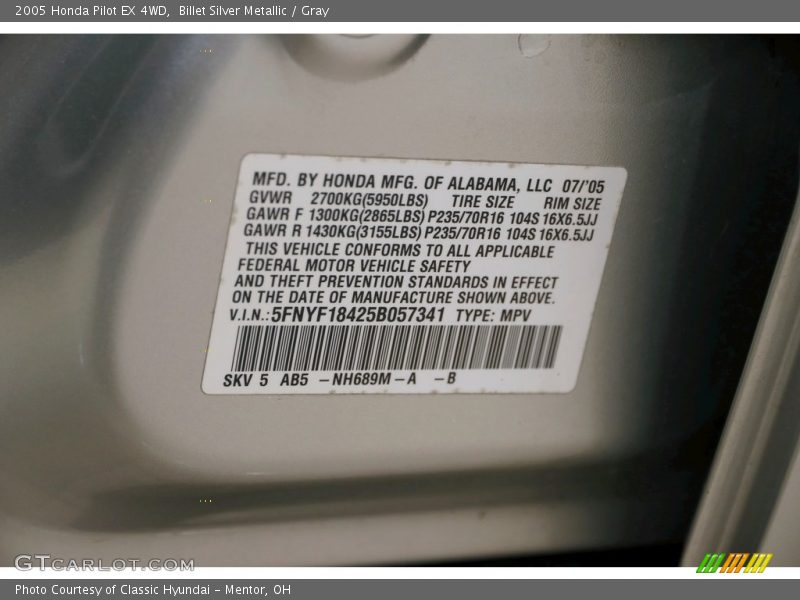 Billet Silver Metallic / Gray 2005 Honda Pilot EX 4WD