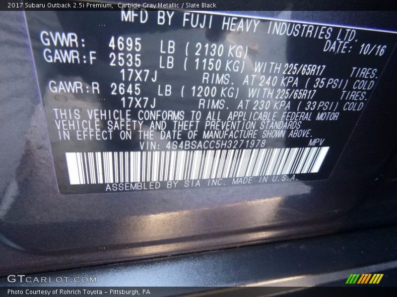 Carbide Gray Metallic / Slate Black 2017 Subaru Outback 2.5i Premium