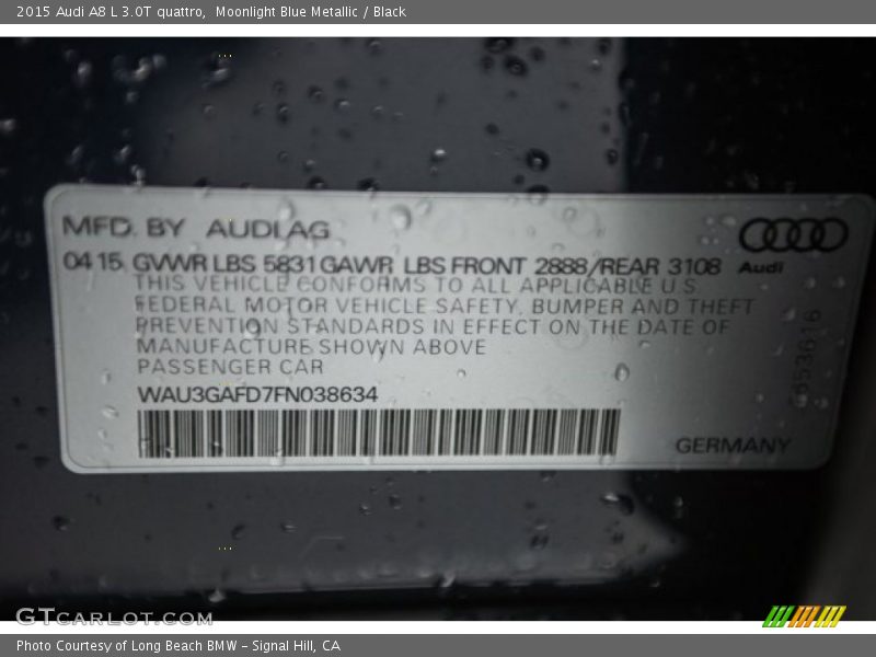 Moonlight Blue Metallic / Black 2015 Audi A8 L 3.0T quattro
