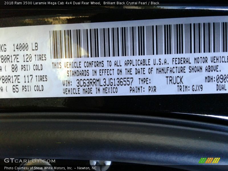 2018 3500 Laramie Mega Cab 4x4 Dual Rear Wheel Brilliant Black Crystal Pearl Color Code PXR