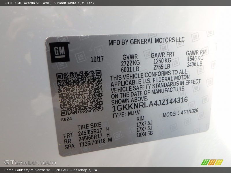 Summit White / Jet Black 2018 GMC Acadia SLE AWD