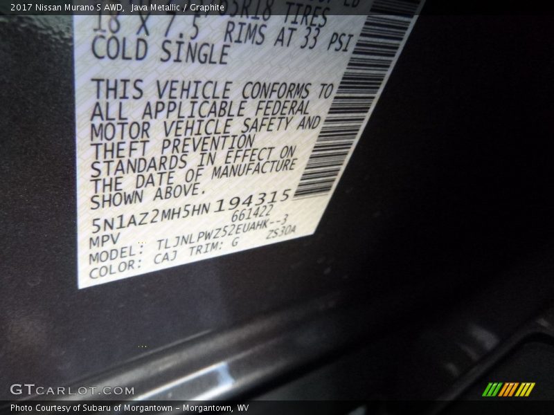 Java Metallic / Graphite 2017 Nissan Murano S AWD