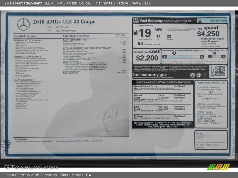  2018 GLE 43 AMG 4Matic Coupe Window Sticker