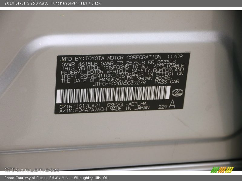 Tungsten Silver Pearl / Black 2010 Lexus IS 250 AWD
