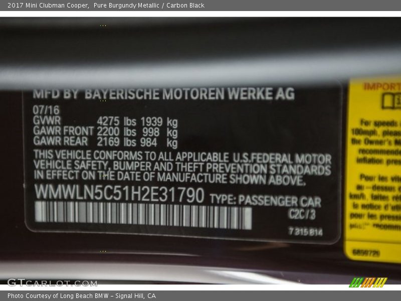 Pure Burgundy Metallic / Carbon Black 2017 Mini Clubman Cooper