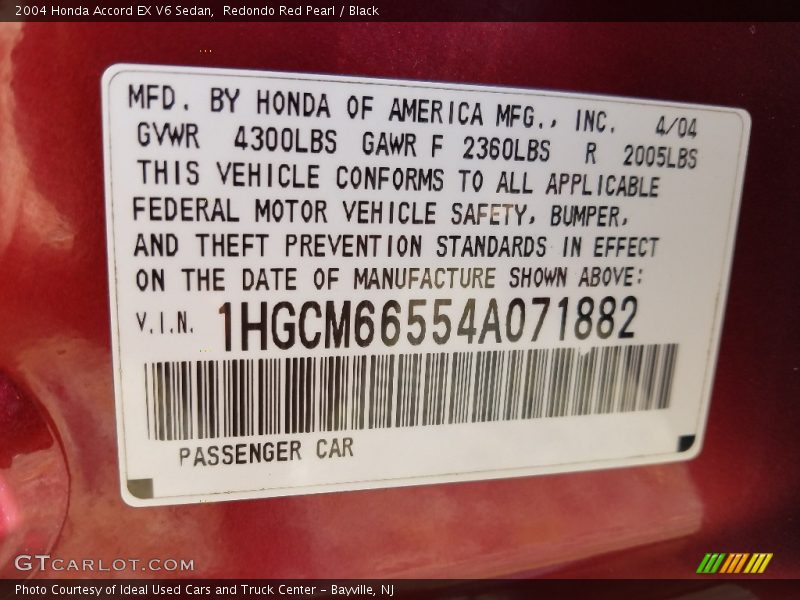 Redondo Red Pearl / Black 2004 Honda Accord EX V6 Sedan