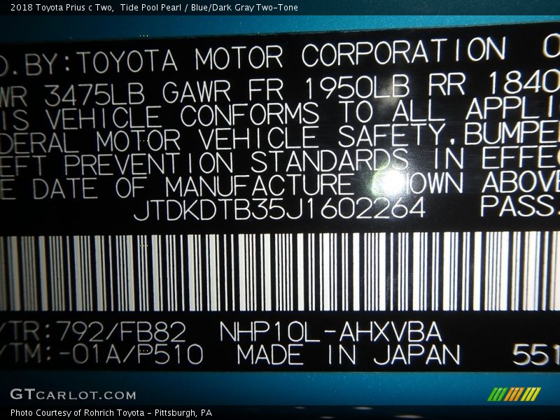 2018 Prius c Two Tide Pool Pearl Color Code 792