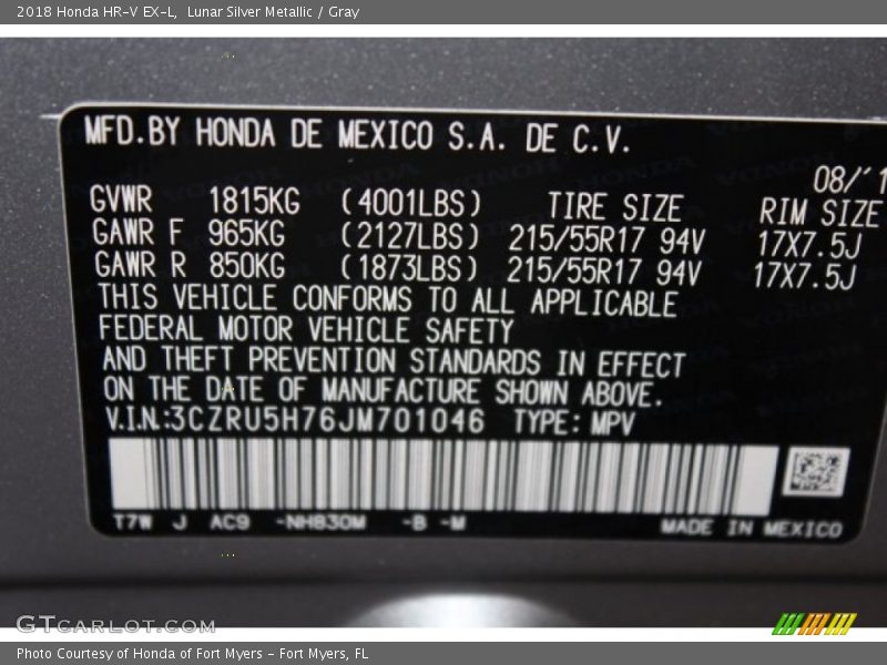 Lunar Silver Metallic / Gray 2018 Honda HR-V EX-L