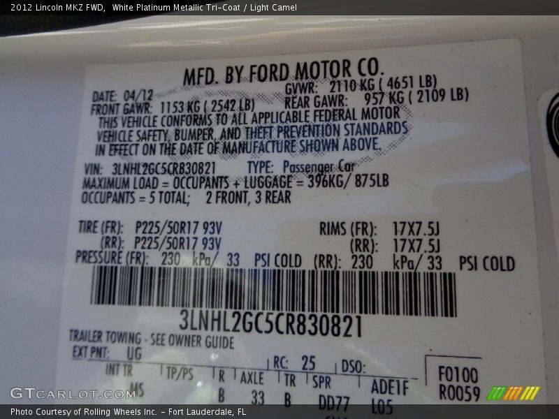 White Platinum Metallic Tri-Coat / Light Camel 2012 Lincoln MKZ FWD