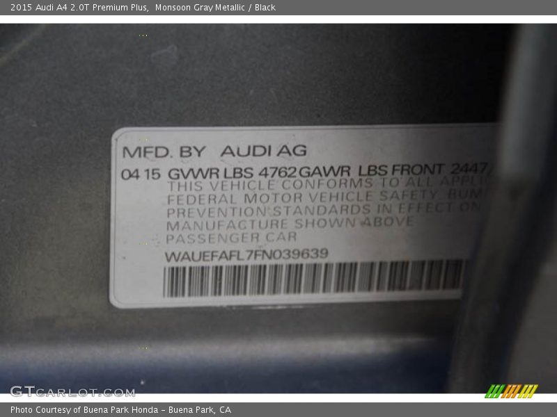 Monsoon Gray Metallic / Black 2015 Audi A4 2.0T Premium Plus