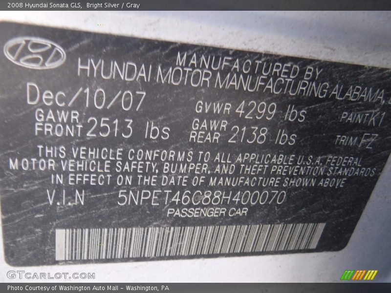 Bright Silver / Gray 2008 Hyundai Sonata GLS