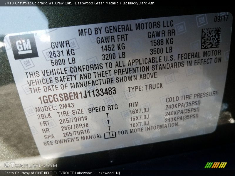 Deepwood Green Metallic / Jet Black/Dark Ash 2018 Chevrolet Colorado WT Crew Cab