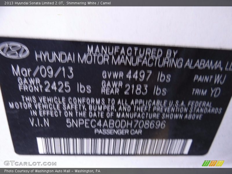 Shimmering White / Camel 2013 Hyundai Sonata Limited 2.0T
