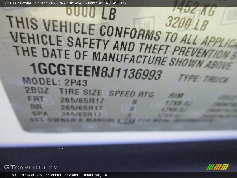 Summit White / Jet Black 2018 Chevrolet Colorado ZR2 Crew Cab 4x4