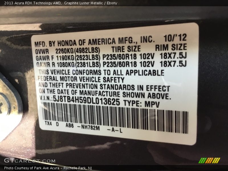 Graphite Luster Metallic / Ebony 2013 Acura RDX Technology AWD