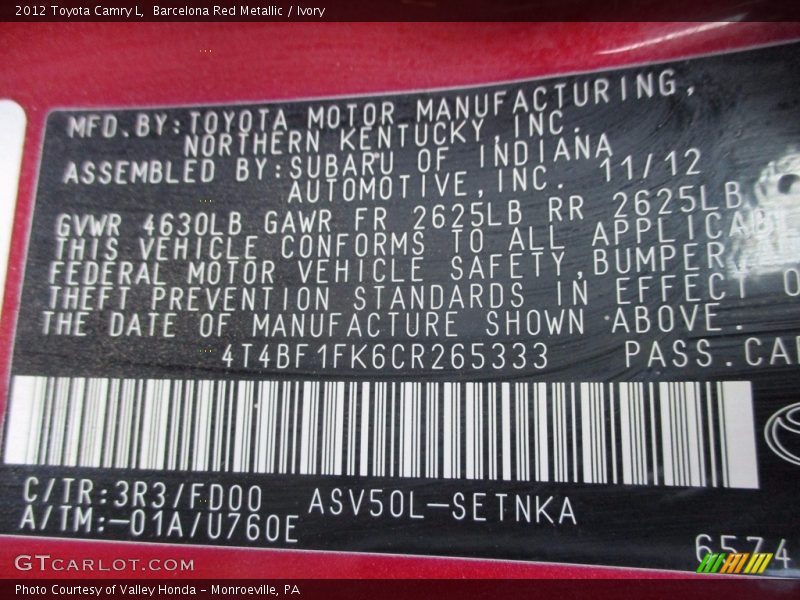 Barcelona Red Metallic / Ivory 2012 Toyota Camry L