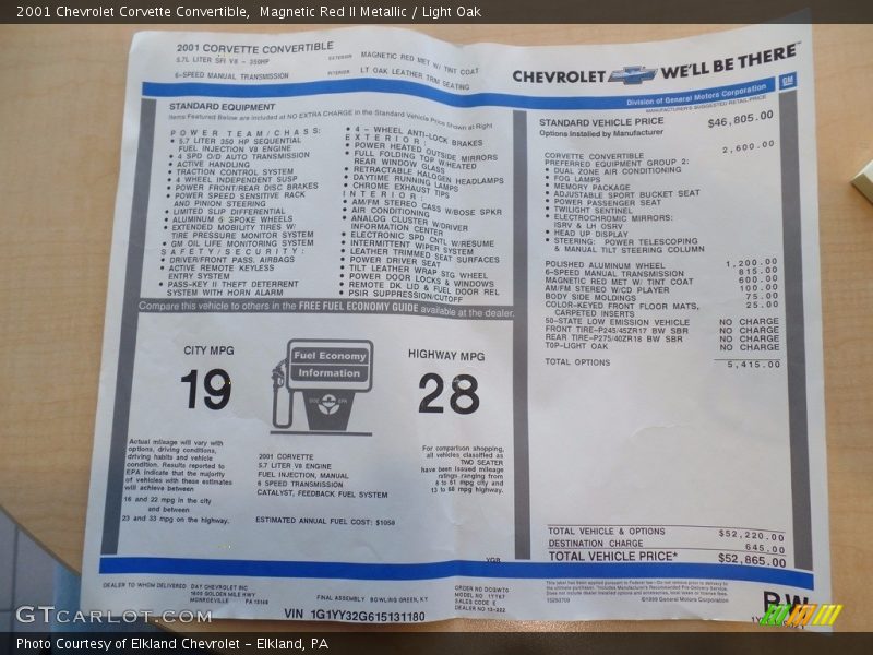 Magnetic Red II Metallic / Light Oak 2001 Chevrolet Corvette Convertible