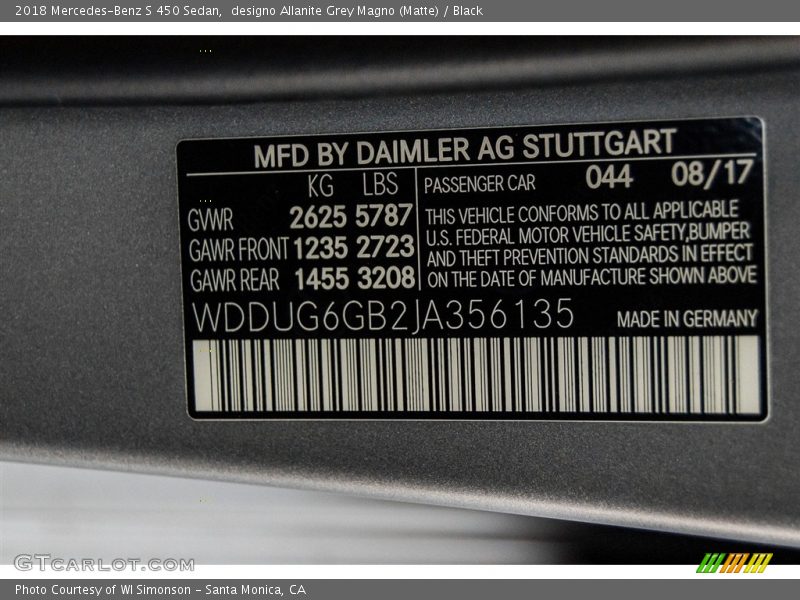 2018 S 450 Sedan designo Allanite Grey Magno (Matte) Color Code 044