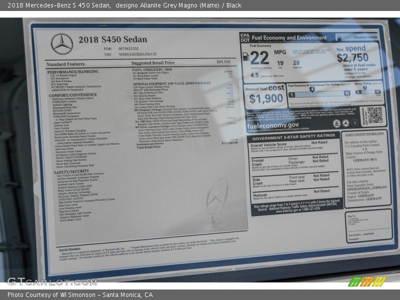  2018 S 450 Sedan Window Sticker