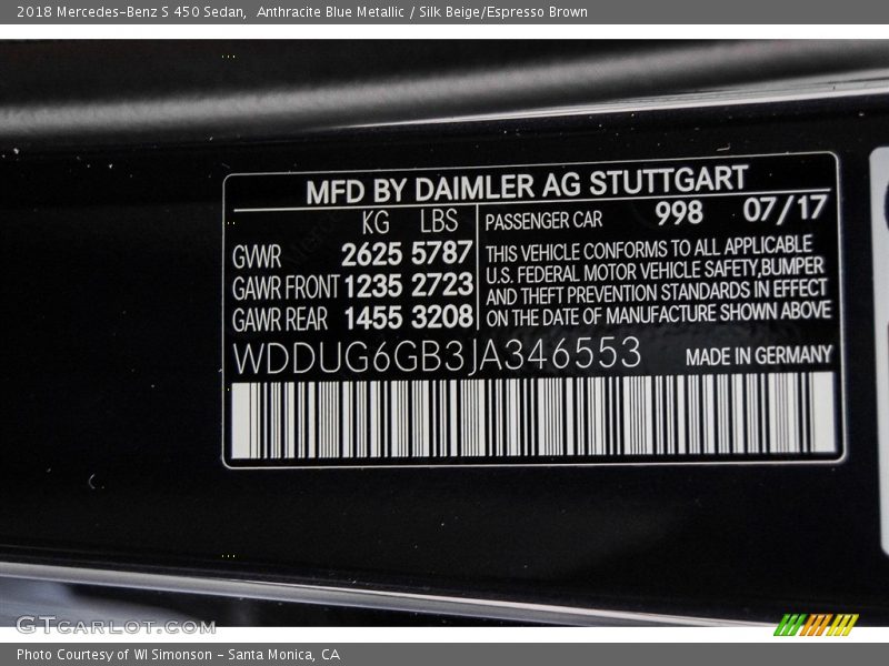 2018 S 450 Sedan Anthracite Blue Metallic Color Code 998
