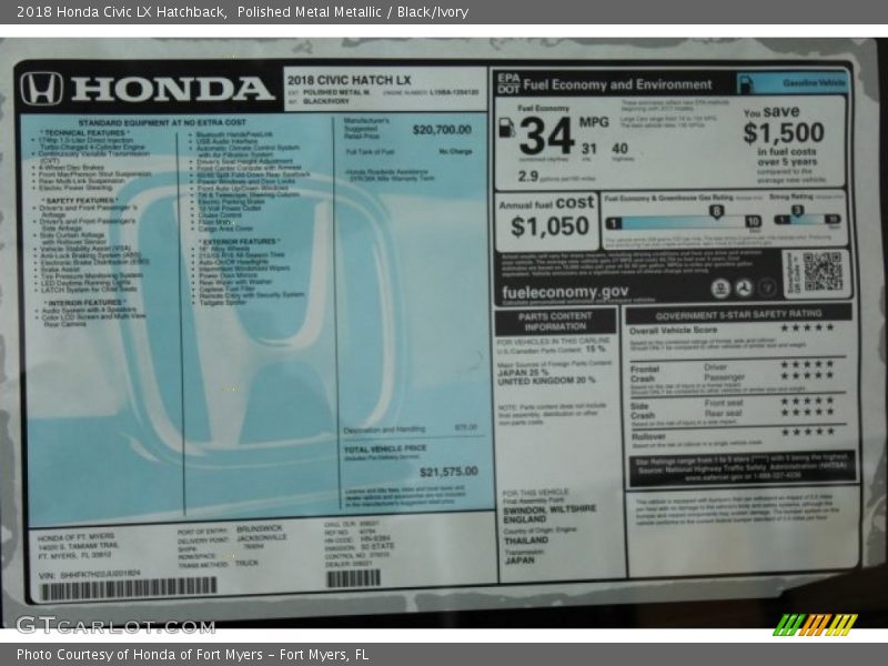 Polished Metal Metallic / Black/Ivory 2018 Honda Civic LX Hatchback