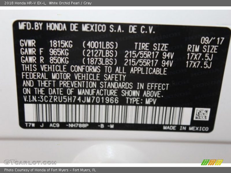 2018 HR-V EX-L White Orchid Pearl Color Code NH788P