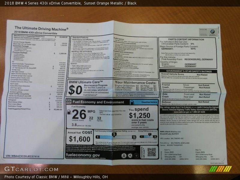  2018 4 Series 430i xDrive Convertible Window Sticker