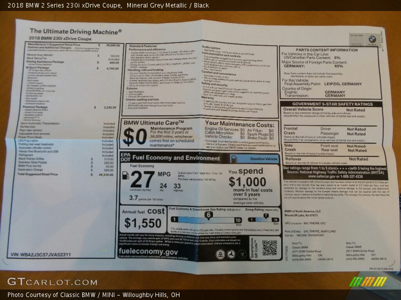  2018 2 Series 230i xDrive Coupe Window Sticker