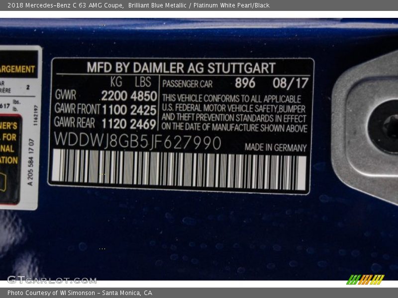 2018 C 63 AMG Coupe Brilliant Blue Metallic Color Code 896