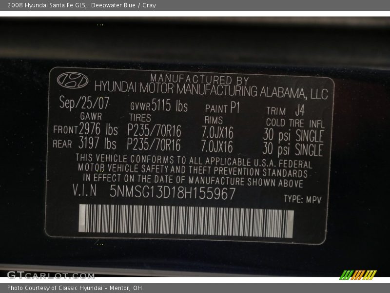 Deepwater Blue / Gray 2008 Hyundai Santa Fe GLS