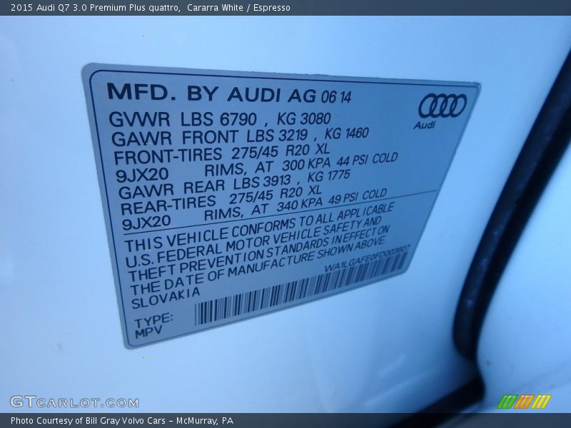 Cararra White / Espresso 2015 Audi Q7 3.0 Premium Plus quattro