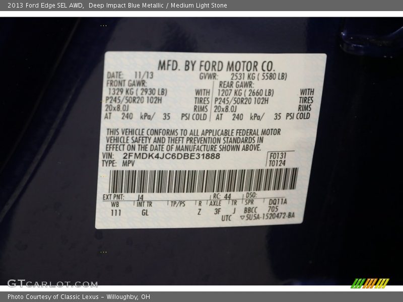 Deep Impact Blue Metallic / Medium Light Stone 2013 Ford Edge SEL AWD