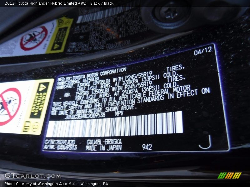 Black / Black 2012 Toyota Highlander Hybrid Limited 4WD