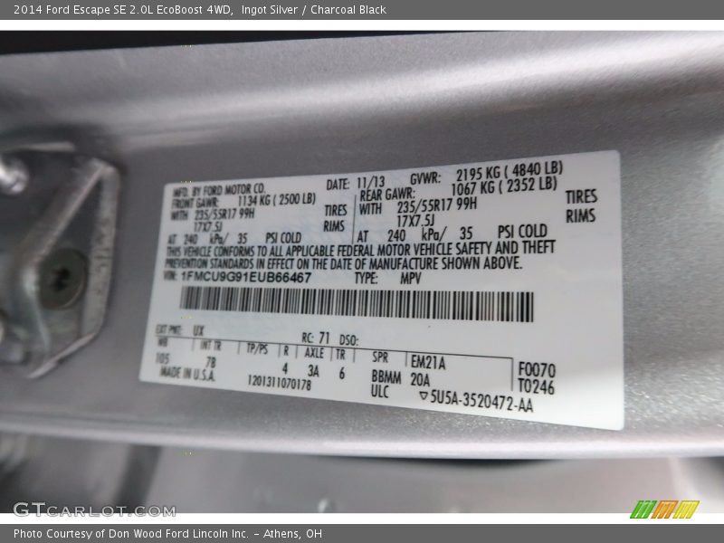 Ingot Silver / Charcoal Black 2014 Ford Escape SE 2.0L EcoBoost 4WD