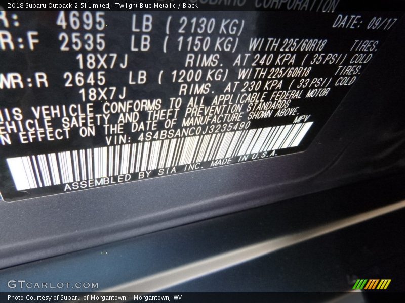 Twilight Blue Metallic / Black 2018 Subaru Outback 2.5i Limited