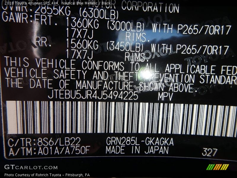 Nautical Blue Metallic / Black 2018 Toyota 4Runner SR5 4x4