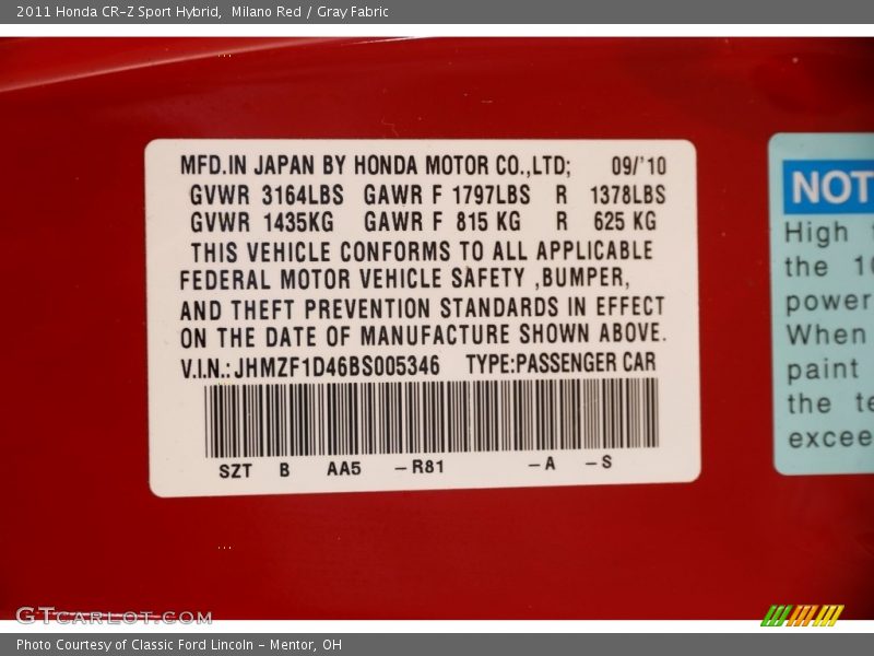 Milano Red / Gray Fabric 2011 Honda CR-Z Sport Hybrid