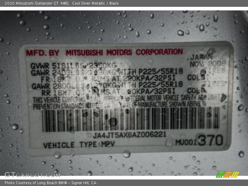 Cool Silver Metallic / Black 2010 Mitsubishi Outlander GT 4WD